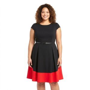Calvin Klein Fit & Flare Black Red Colorblock NWT Womens 14 Belted Dress
